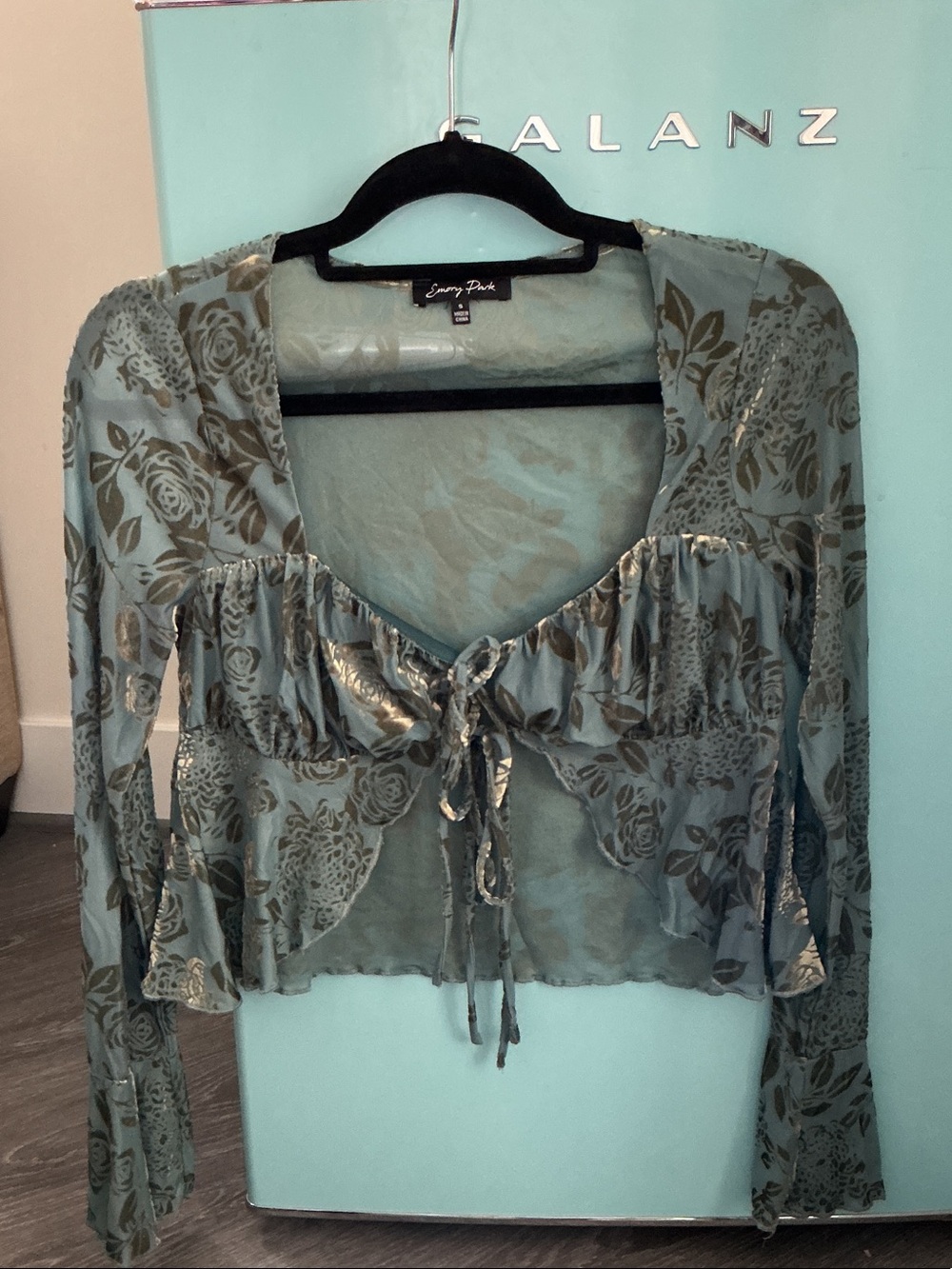 Forever Link Metallic Sage Green Floral Tie-Front Crop Top